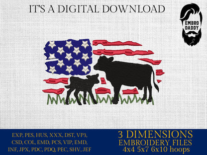 Machine Embroidery files, cow and calve, Usa Flag, PES, DST, xxx, hus & more