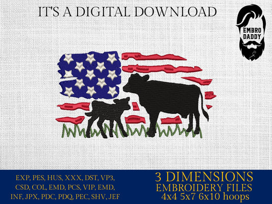 Machine Embroidery files, cow and calve, Usa Flag, PES, DST, xxx, hus & more