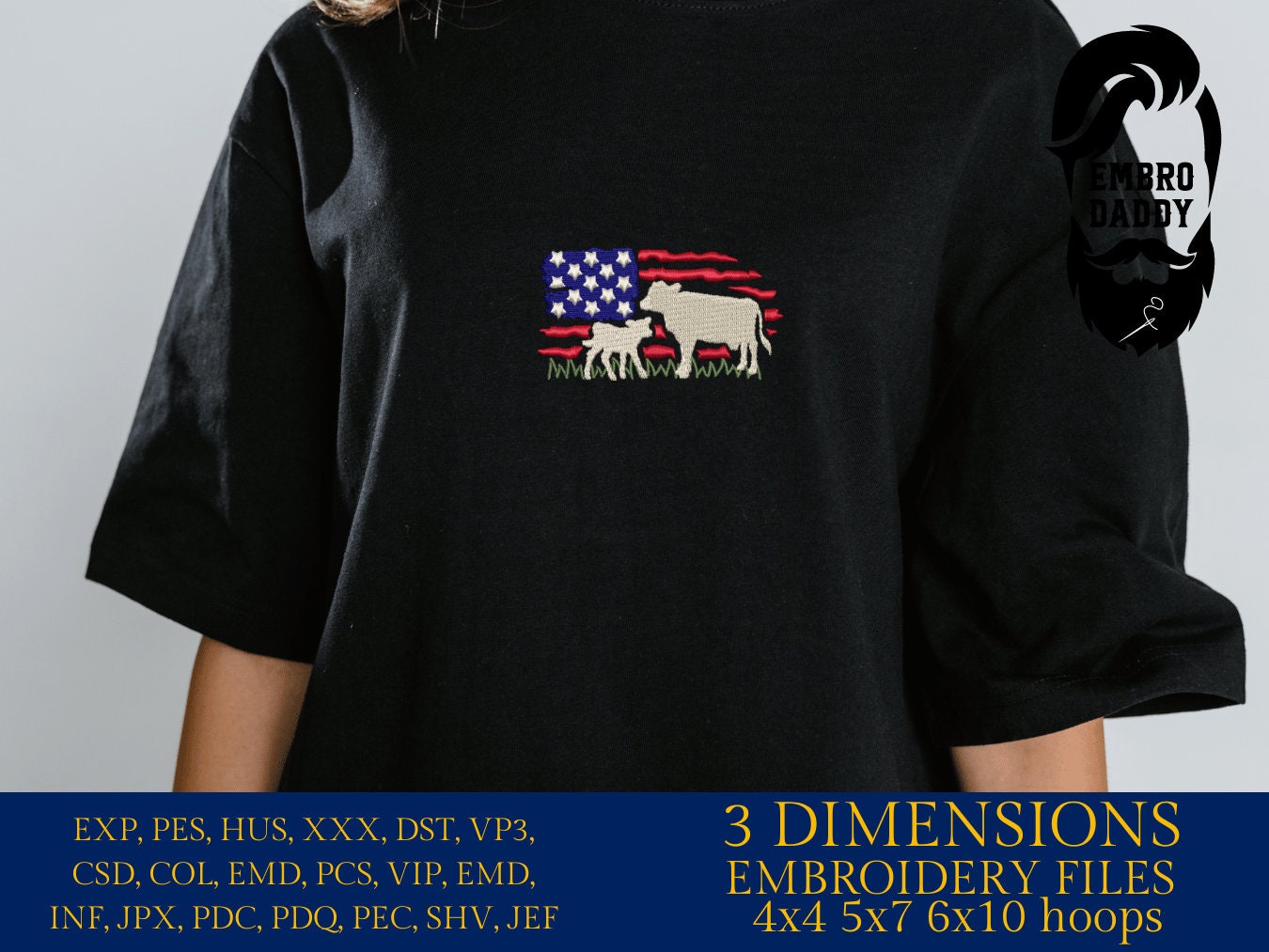 Machine Embroidery files, cow and calve, Usa Flag, PES, DST, xxx, hus & more