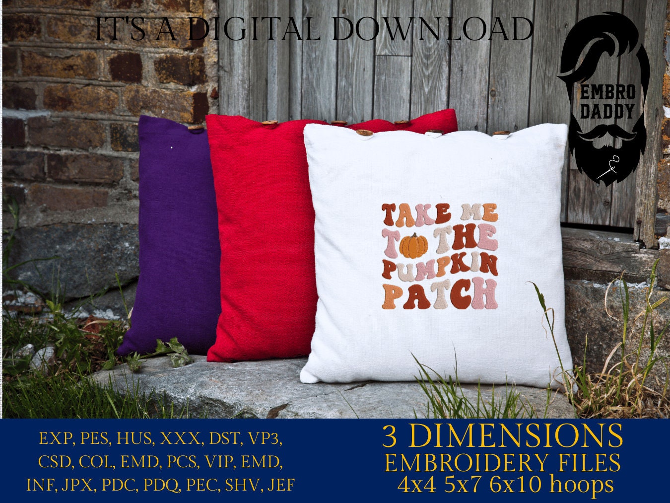 Machine Embroidery files, take me to the pumpkin patch, PES, DST, xxx, hus & more