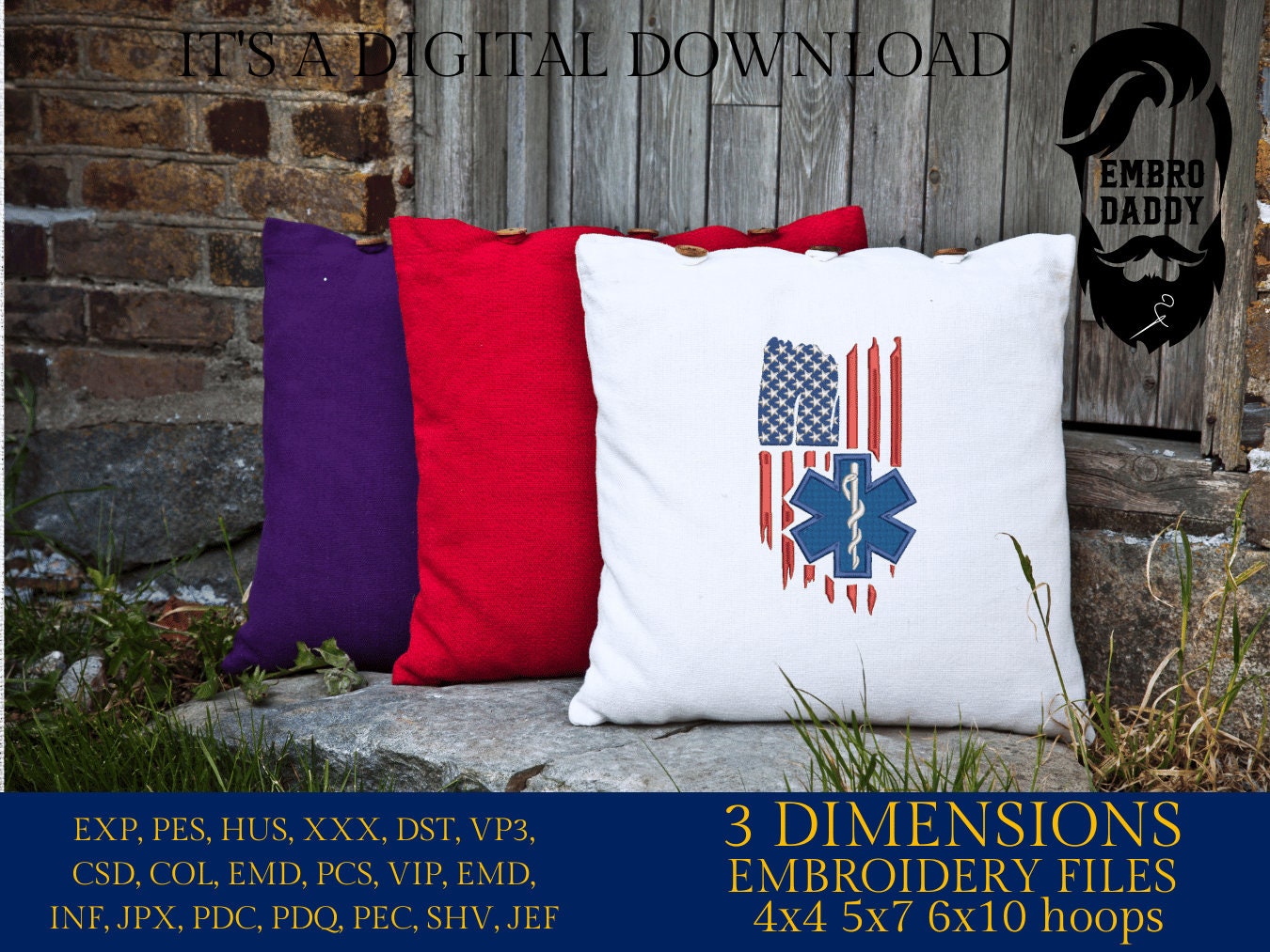 Machine Embroidery files, EMS paramedic, star of life, patriotic, Usa flag, PES, DST, hus & more