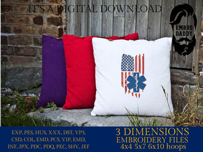 Machine Embroidery files, EMS paramedic, star of life, patriotic, Usa flag, PES, DST, hus & more