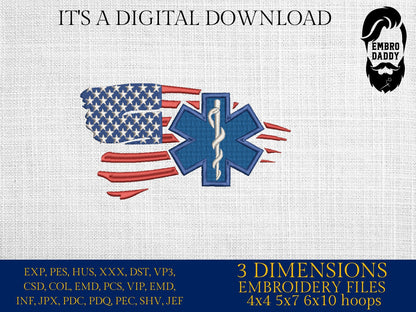 Machine Embroidery files, EMS paramedic, star of life, patriotic, Usa flag, PES, DST, hus & more