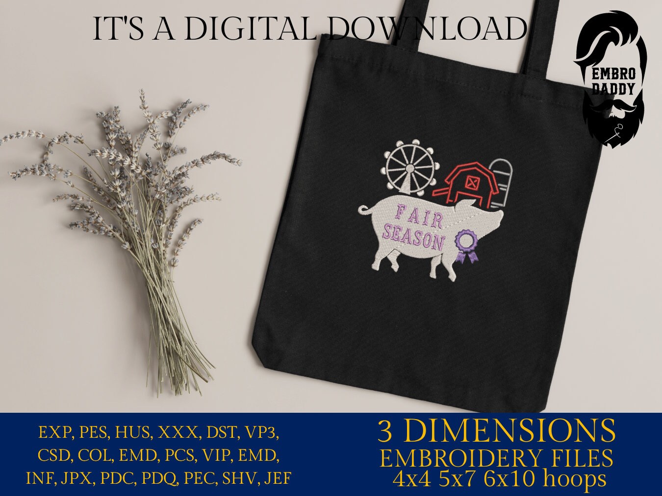 Machine Embroidery files, Fair Season, Show Livestock, Show pig, PES, dst, xxx hus & more