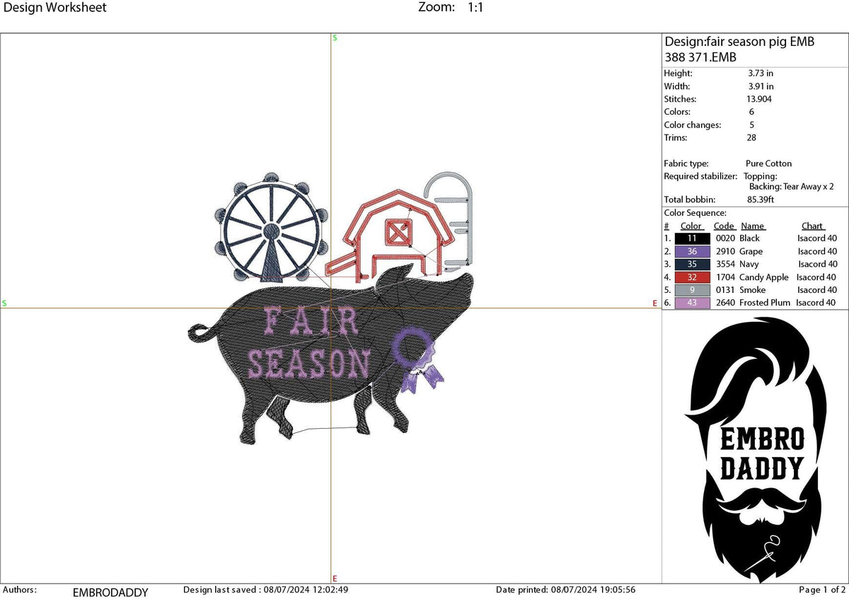 Machine Embroidery files, Fair Season, Show Livestock, Show pig, PES, dst, xxx hus & more