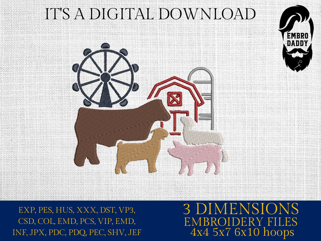 Machine Embroidery files, Fair Season, Show Livestock, Show pig, steer, sheep, goat, PES, dst, xxx hus & more