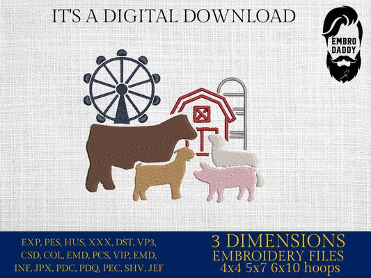 Machine Embroidery files, Fair Season, Show Livestock, Show pig, steer, sheep, goat, PES, dst, xxx hus & more