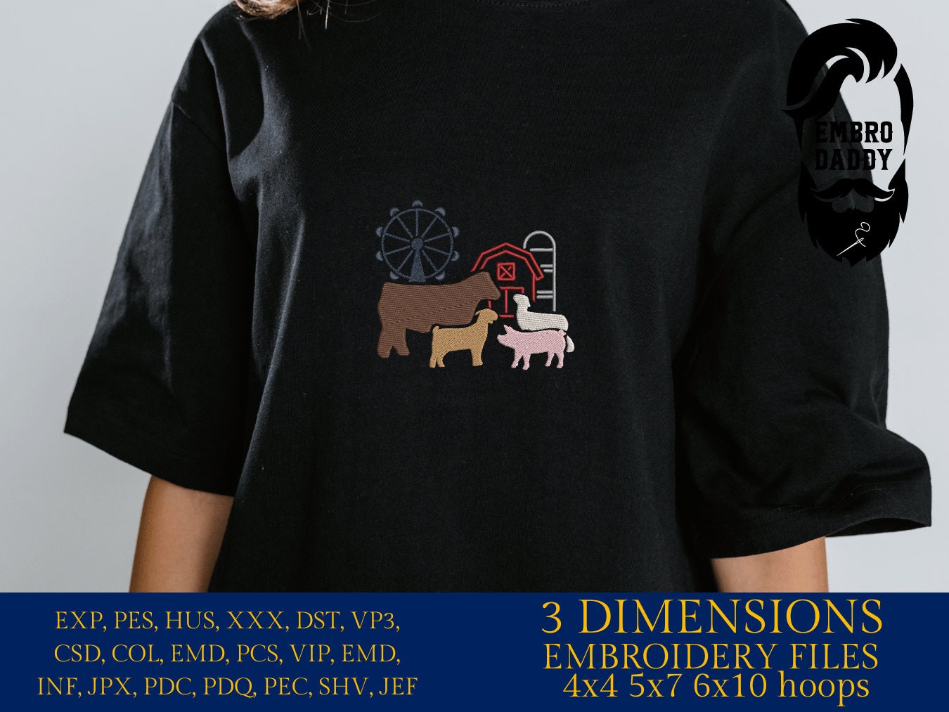 Machine Embroidery files, Fair Season, Show Livestock, Show pig, steer, sheep, goat, PES, dst, xxx hus & more