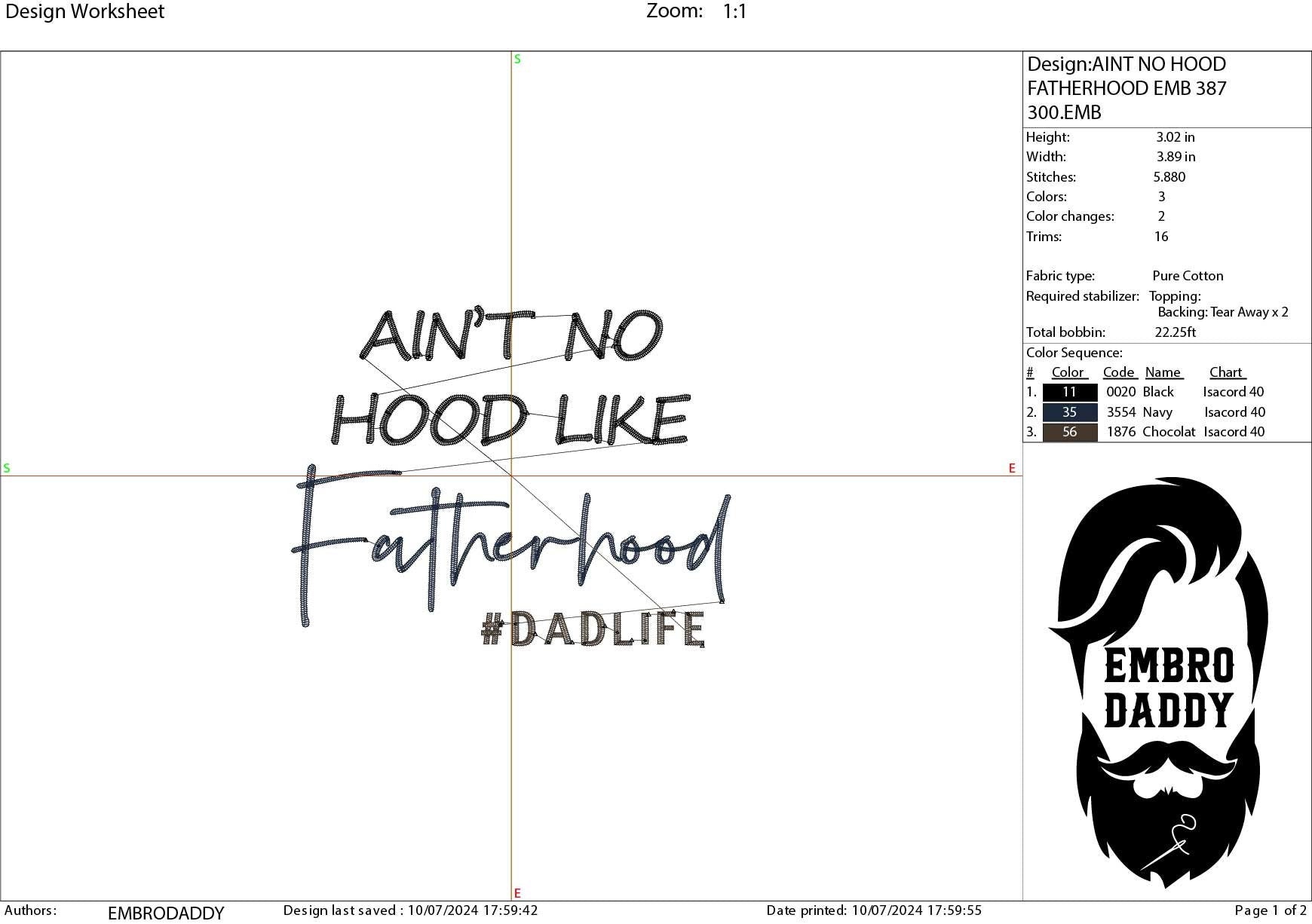 Machine Embroidery files, ain't no hood like fatherhood, DST, PES, xxx, hus & more