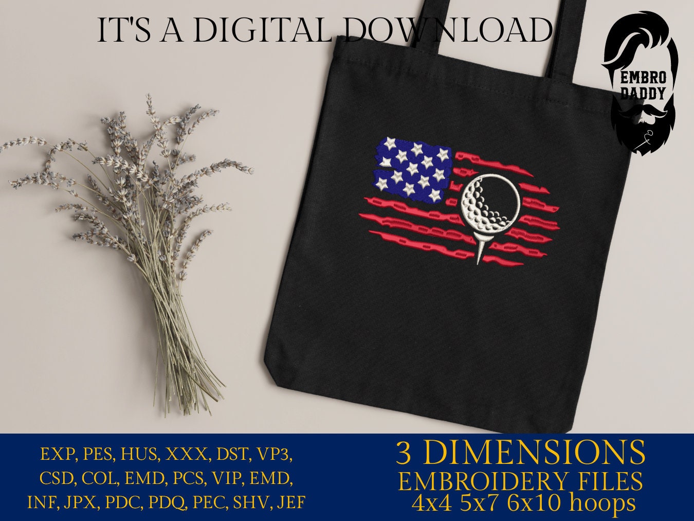 Machine Embroidery files, Golf Usa flag, PES, DST, hus & more