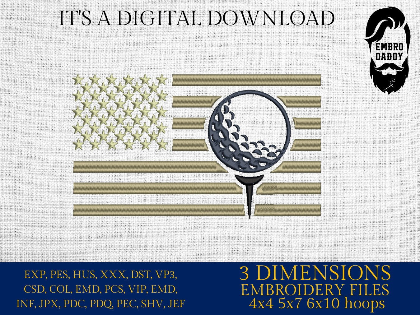Machine Embroidery files, Golf Usa flag, PES, DST, hus & more