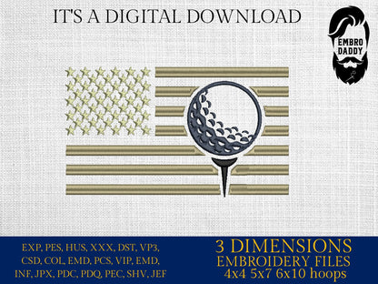 Machine Embroidery files, Golf Usa flag, PES, DST, hus & more