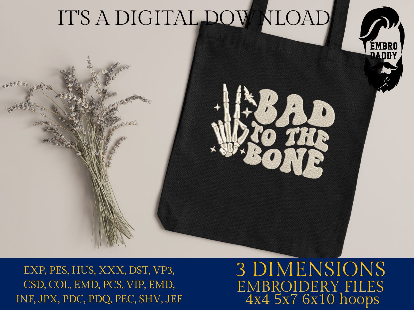 Machine Embroidery files, Bad To The Bone, Skeleton Hand, Kids Halloween Shirt, Retro, Spooky Vibes, PES, DST, xxx, hus and more
