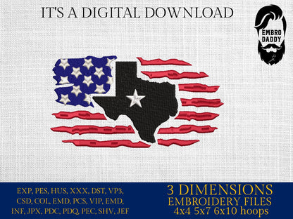 Machine Embroidery files, Texas, Usa Flag PES, DST, xxx, hus & more