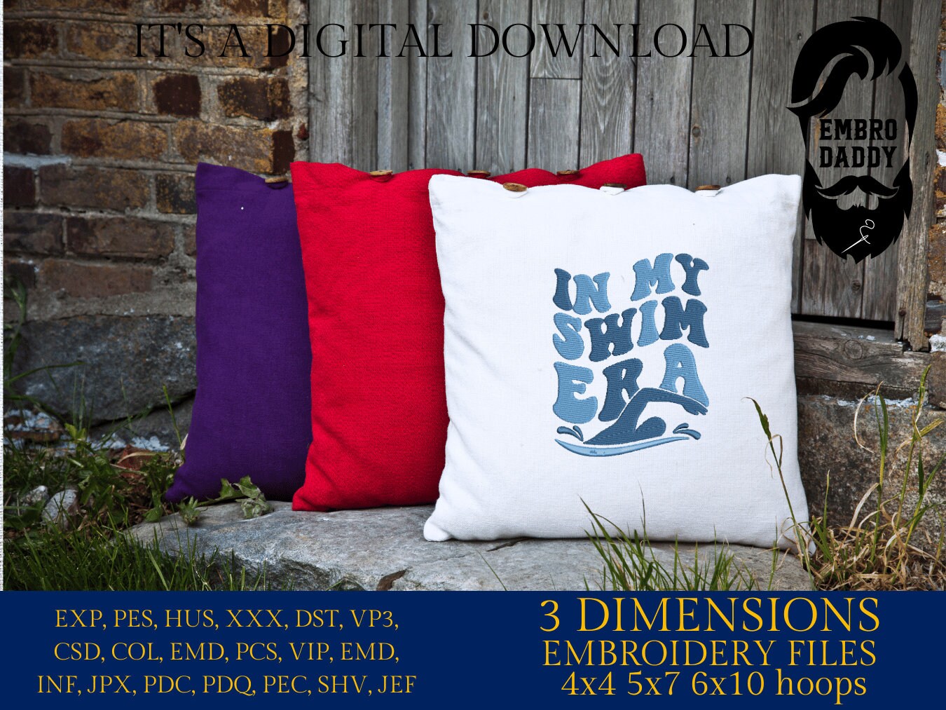 Machine embroidery files, In my swim era, Embroidery Pattern File in PES, DST, hus & more