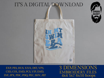 Machine embroidery files, In my swim era, Embroidery Pattern File in PES, DST, hus & more