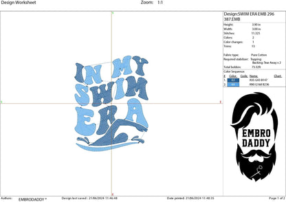 Machine embroidery files, In my swim era, Embroidery Pattern File in PES, DST, hus & more