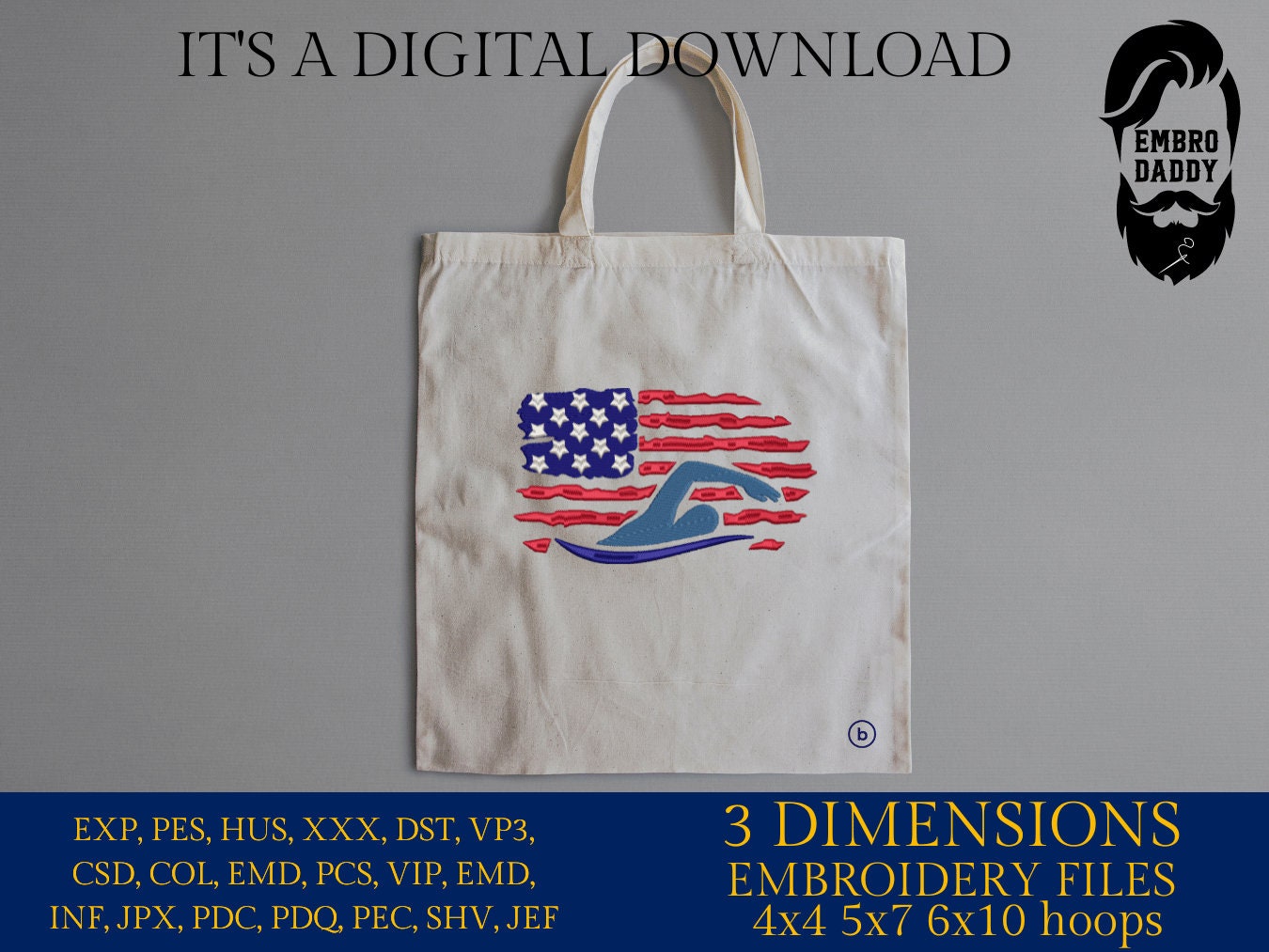 Machine Embroidery files, Swimming Usa flag, PES, DST, hus & more