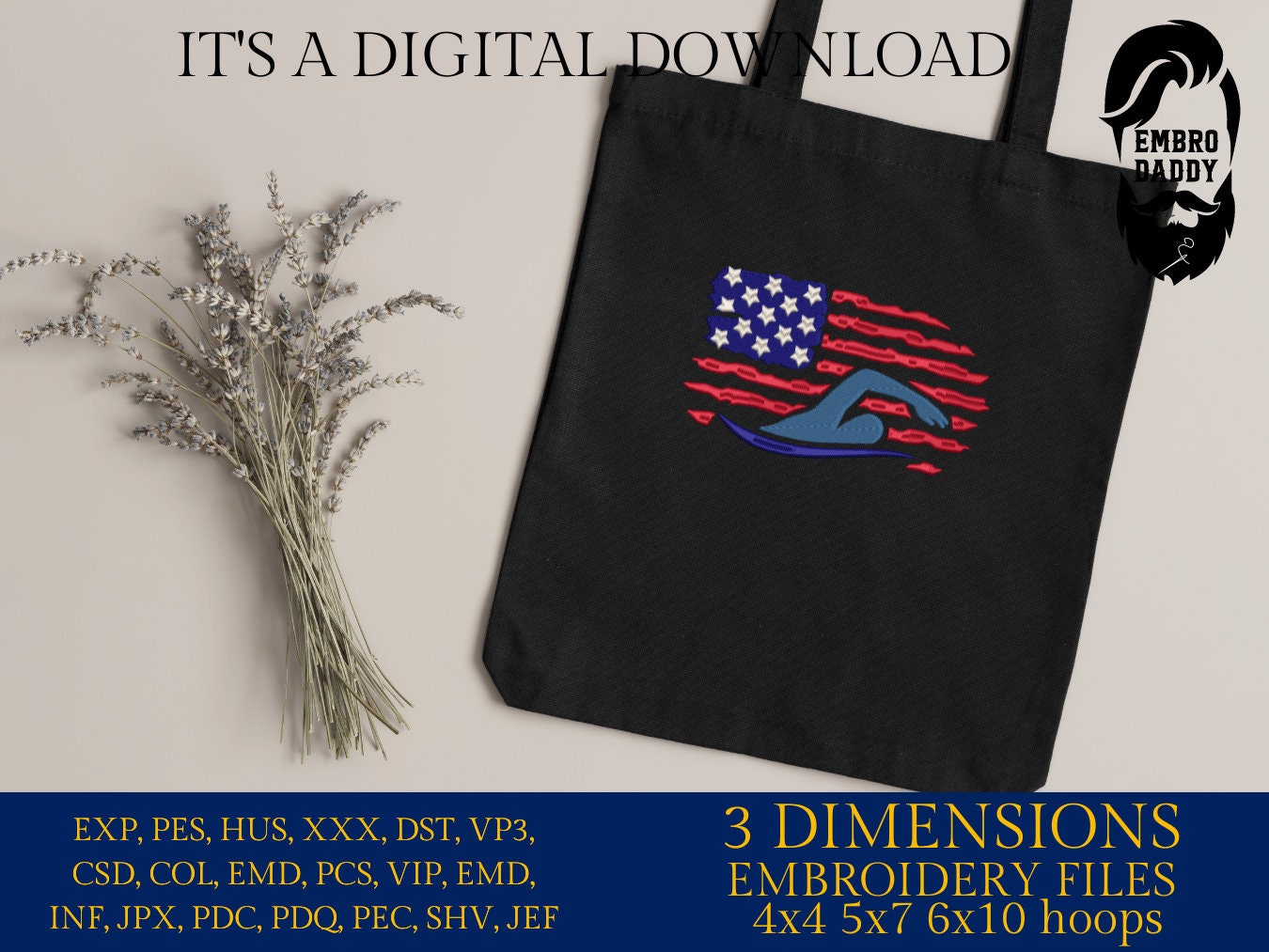 Machine Embroidery files, Swimming Usa flag, PES, DST, hus & more