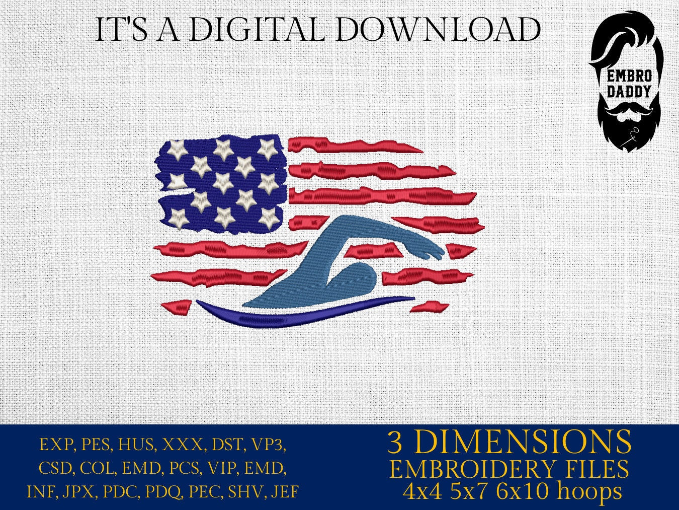 Machine Embroidery files, Swimming Usa flag, PES, DST, hus & more