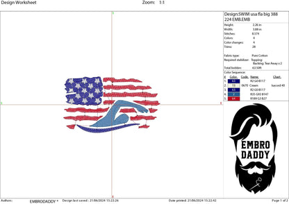 Machine Embroidery files, Swimming Usa flag, PES, DST, hus & more