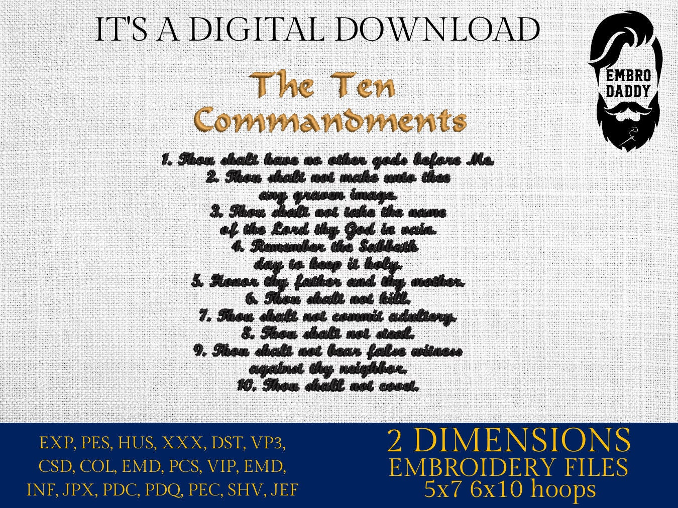 Machine Embroidery files, The Ten Commandments, christian faith, PES, hus, dst, vp3 & more