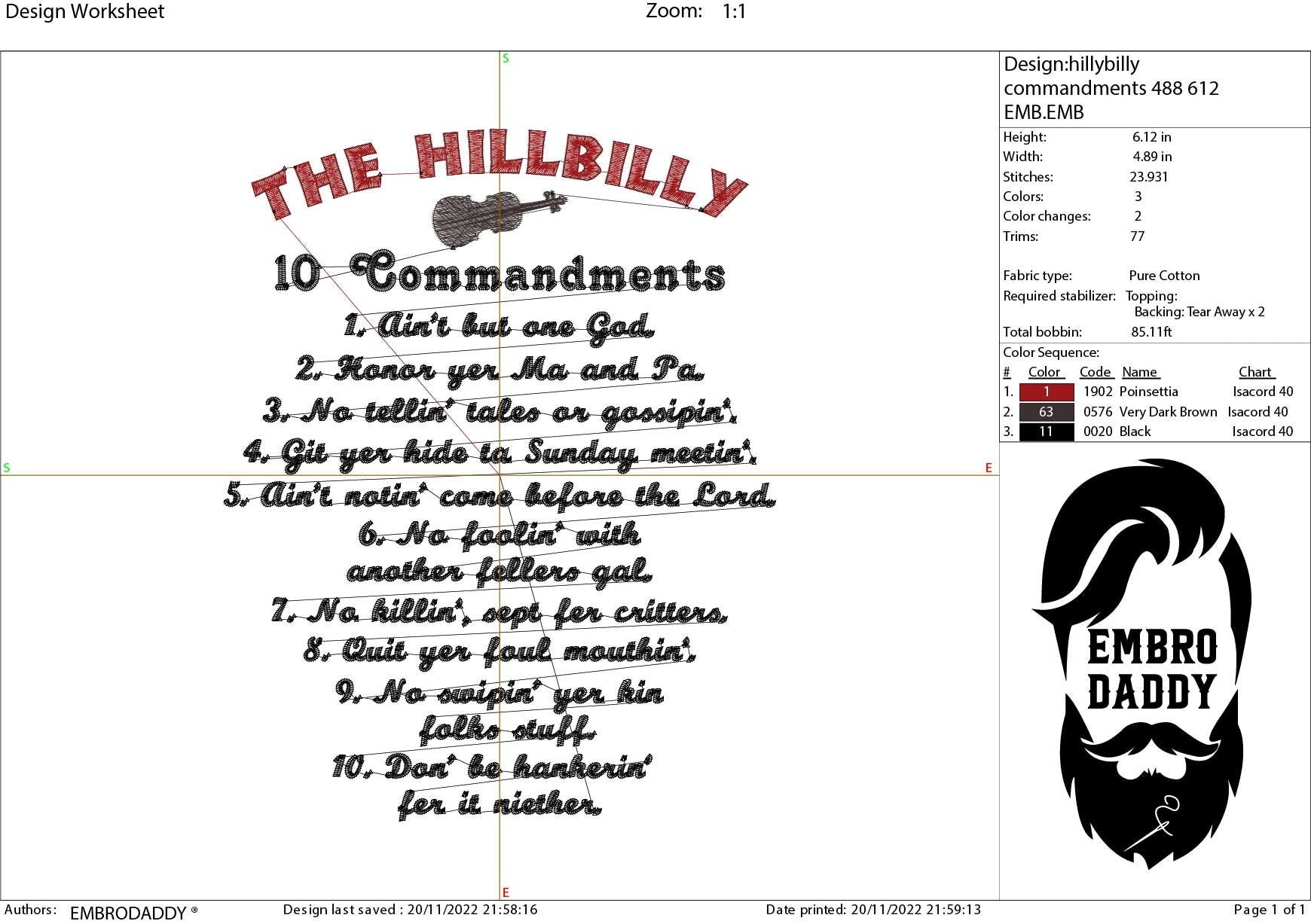 Machine Embroidery files, The Hillbilly Ten Commandments PES, hus, dst, vp3 & more