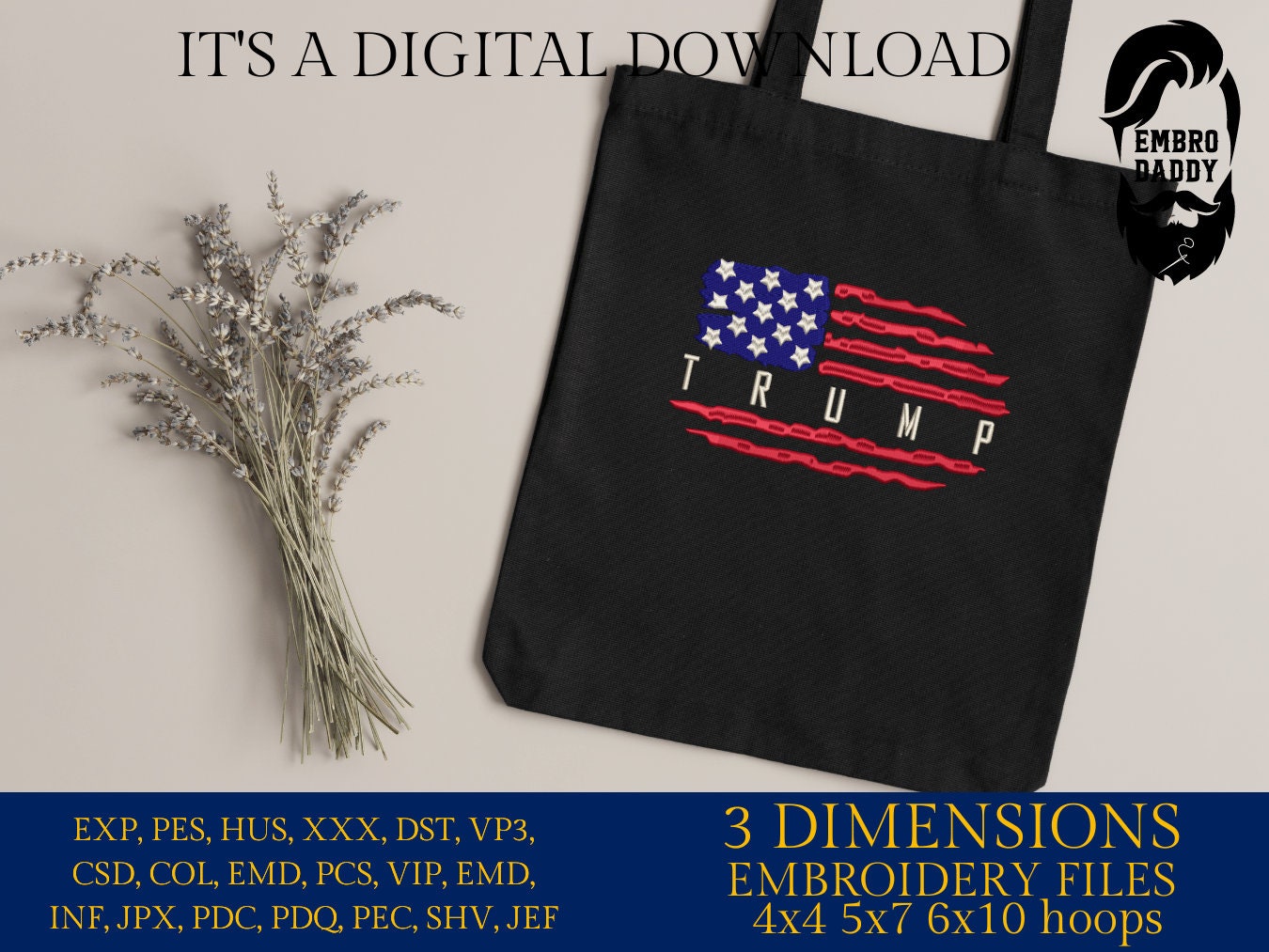 Machine Embroidery files, USA flag, Trump, 2024 Election, President, Republican, PES, xxx, dst, hus & more