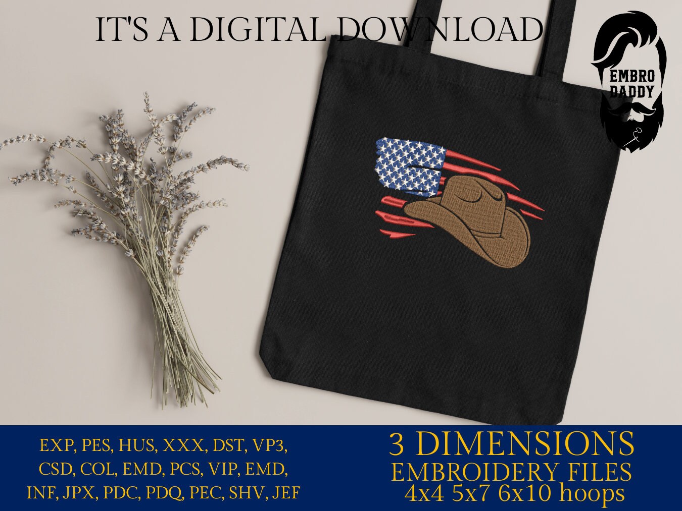 Machine Embroidery files, American Flag cowboy hat, PES, dst, xxx hus & more