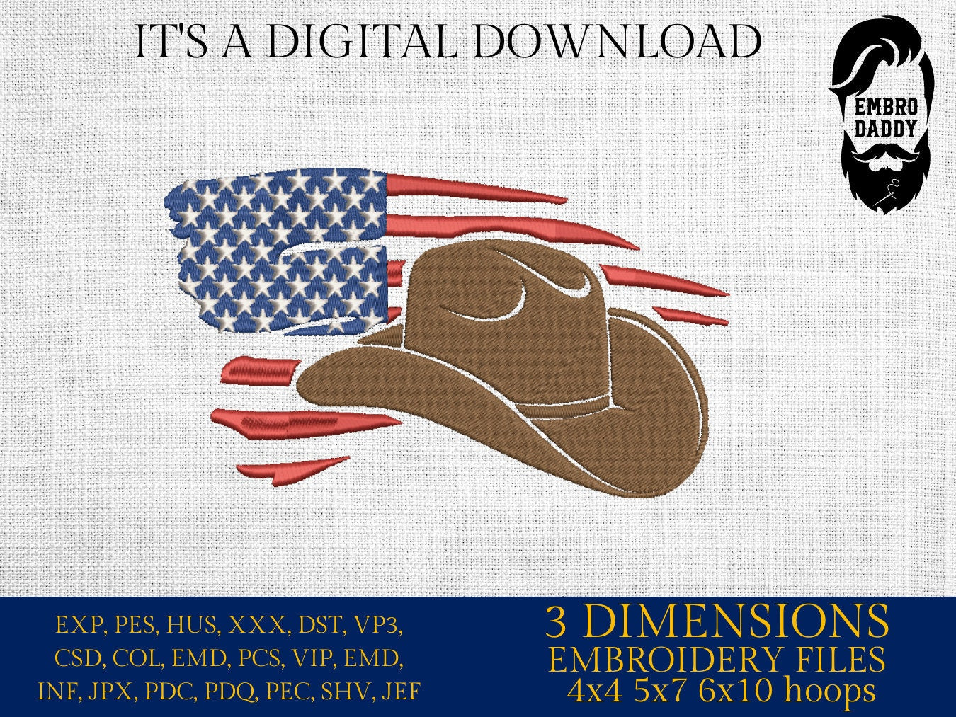 Machine Embroidery files, American Flag cowboy hat, PES, dst, xxx hus & more