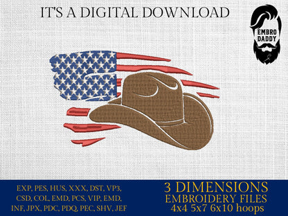 Machine Embroidery files, American Flag cowboy hat, PES, dst, xxx hus & more