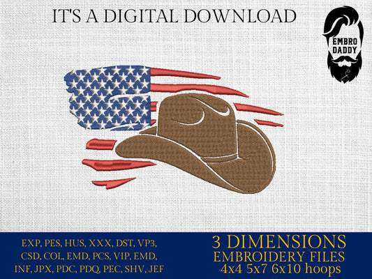 Machine Embroidery files, American Flag cowboy hat, PES, dst, xxx hus & more