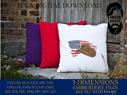 Machine Embroidery files, American Flag cowboy hat, PES, dst, xxx hus & more