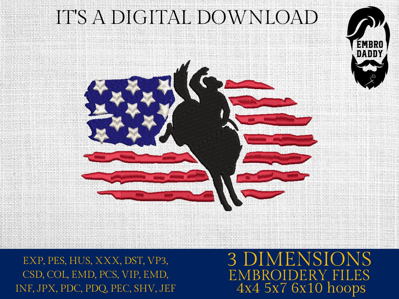 Machine Embroidery files, USA flag cowboy, DST, PES, xxx, hus & more