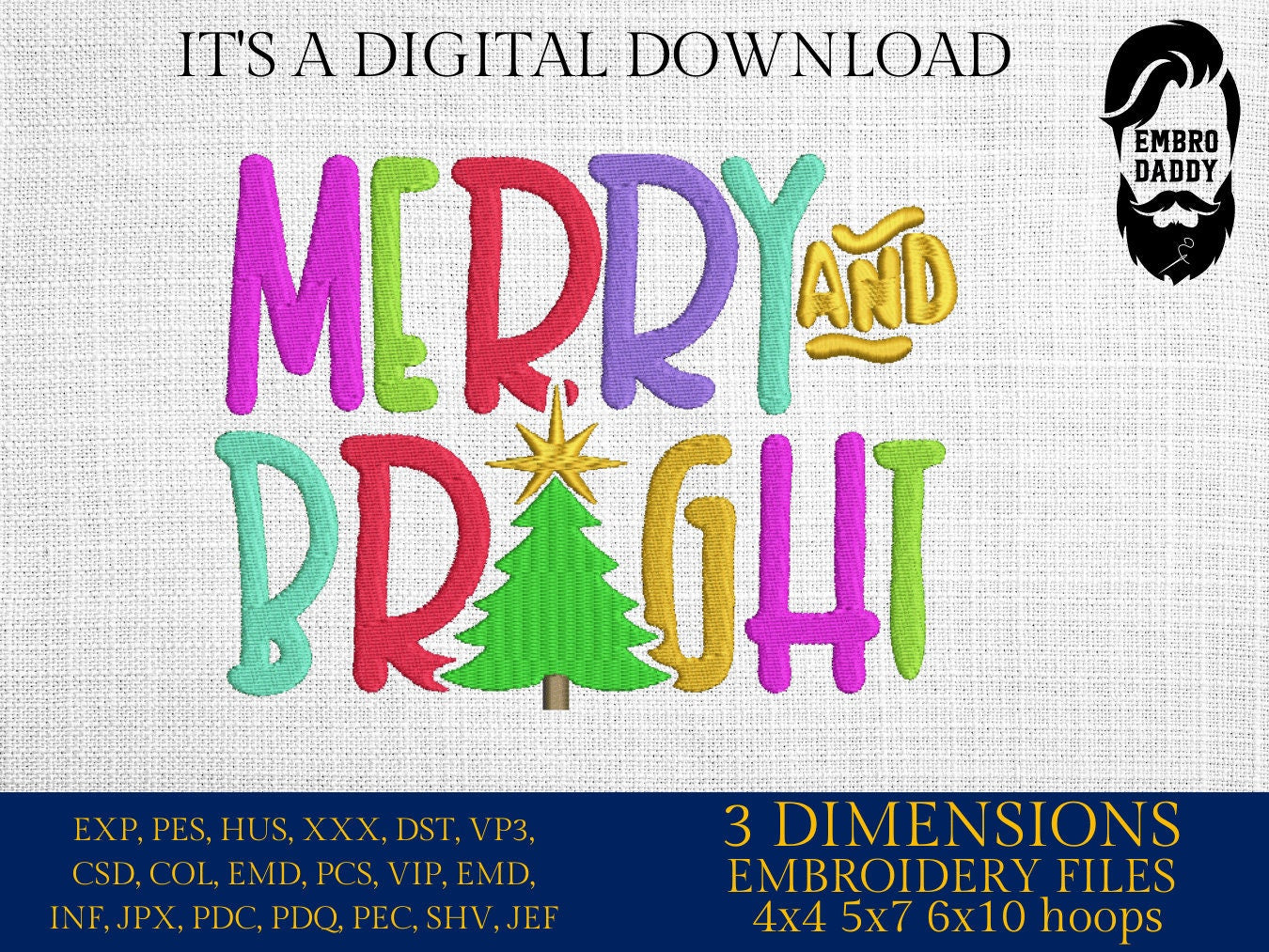 Machine Embroidery files, Merry and bright, PES, DST, xxx, hus and more