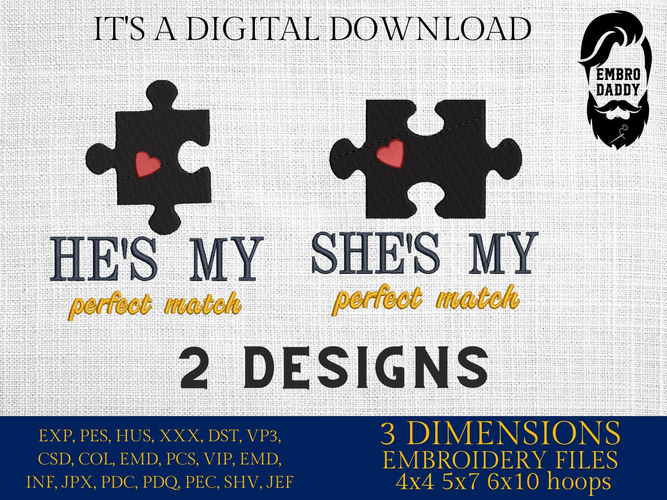 Machine Embroidery files, he's / she's my perfect match, Matching Couple Valentine's Day, Funny Matching Anniversary, PES, xxx, hus & more
