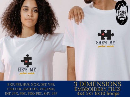 Machine Embroidery files, he's / she's my perfect match, Matching Couple Valentine's Day, Funny Matching Anniversary, PES, xxx, hus & more