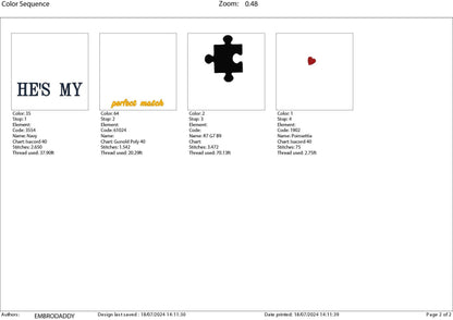 Machine Embroidery files, he's / she's my perfect match, Matching Couple Valentine's Day, Funny Matching Anniversary, PES, xxx, hus & more
