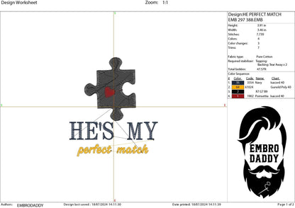 Machine Embroidery files, he's / she's my perfect match, Matching Couple Valentine's Day, Funny Matching Anniversary, PES, xxx, hus & more