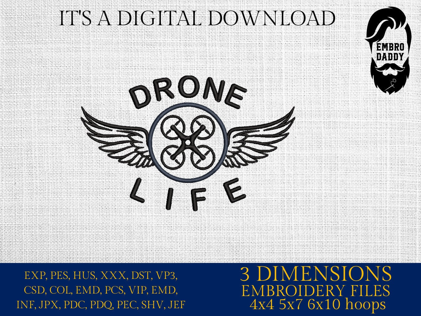 Machine Embroidery files, drone, PES, DST, hus & more