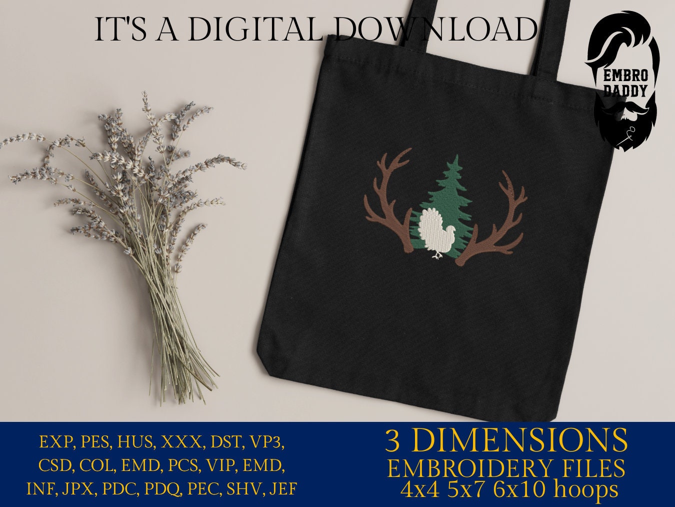 Machine Embroidery files, Big Buck Deer Antlers with Turkey and Forest Scene, PES, DST, xxx, hus and more