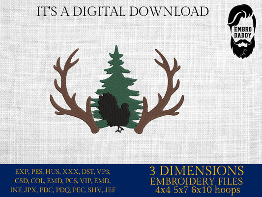 Machine Embroidery files, Big Buck Deer Antlers with Turkey and Forest Scene, PES, DST, xxx, hus and more
