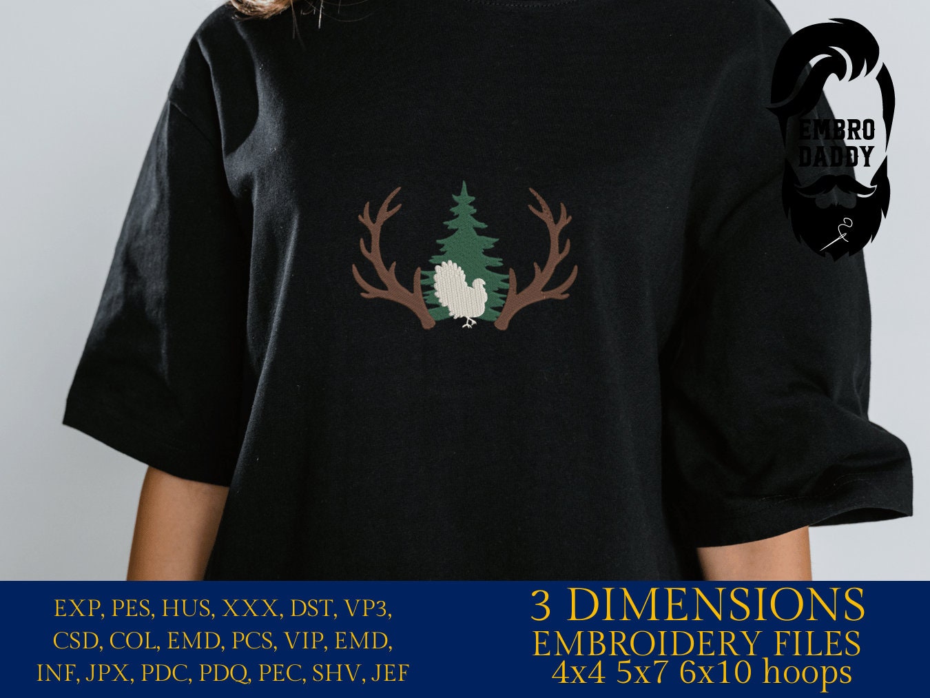 Machine Embroidery files, Big Buck Deer Antlers with Turkey and Forest Scene, PES, DST, xxx, hus and more