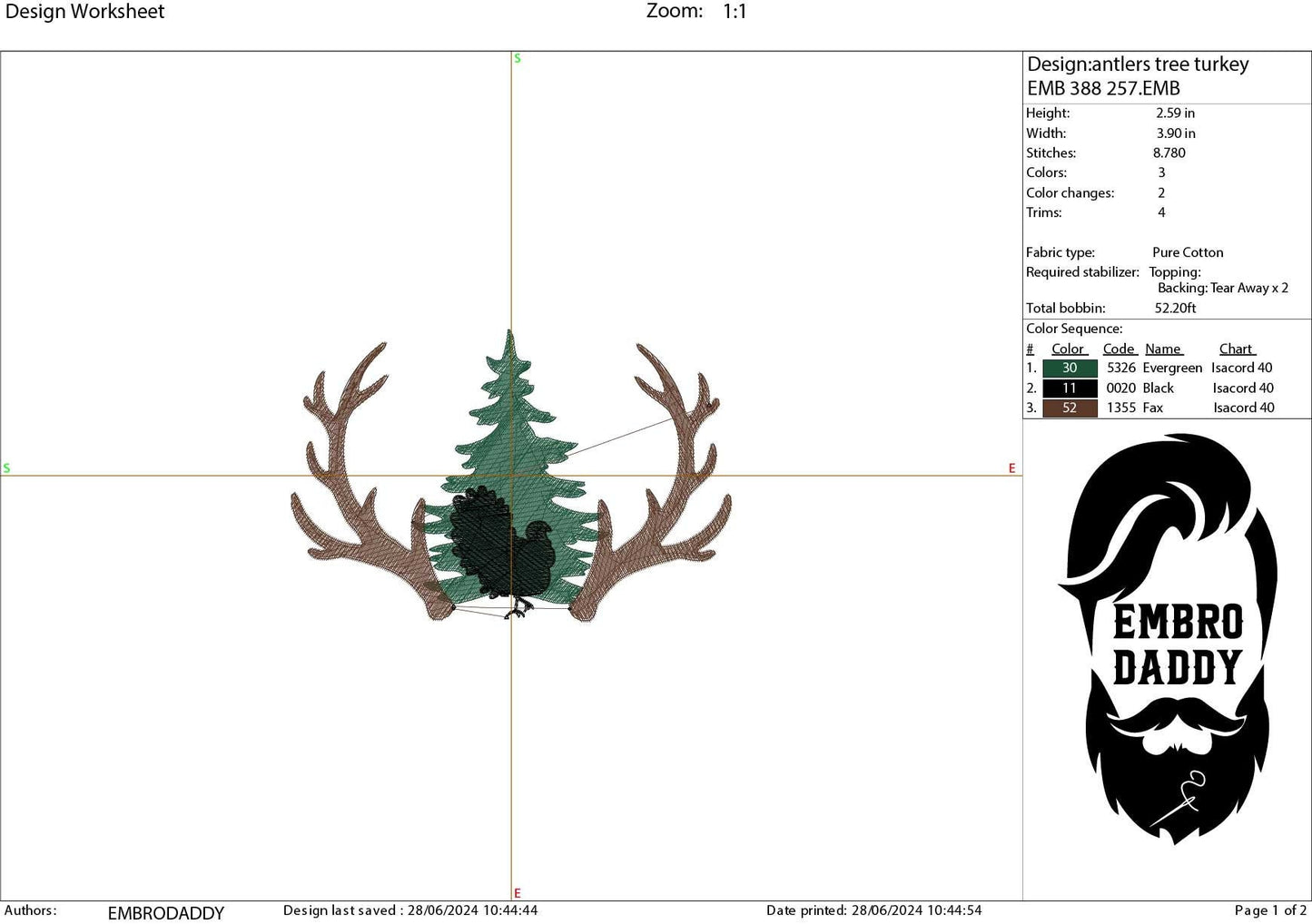 Machine Embroidery files, Big Buck Deer Antlers with Turkey and Forest Scene, PES, DST, xxx, hus and more
