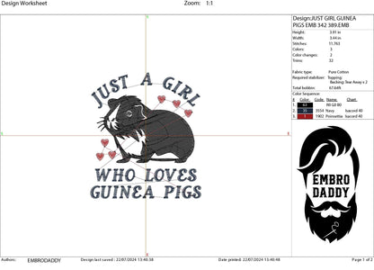 Machine Embroidery files, just a girl who loves Guinea Pigs, PES, DST, xxx, hus & more
