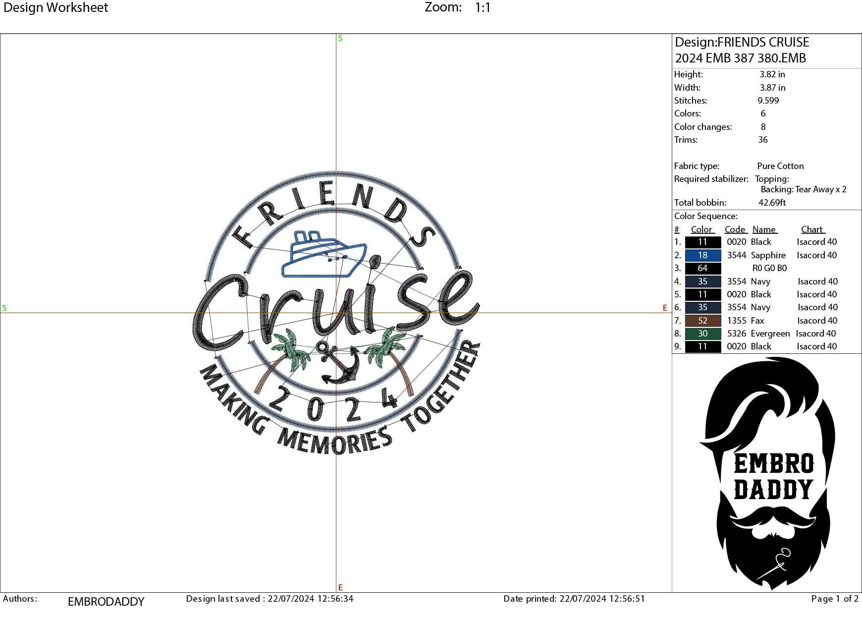 Machine Embroidery files, Friends Cruise 2024, memories together, PES, xxx, hus & more, embroidery files