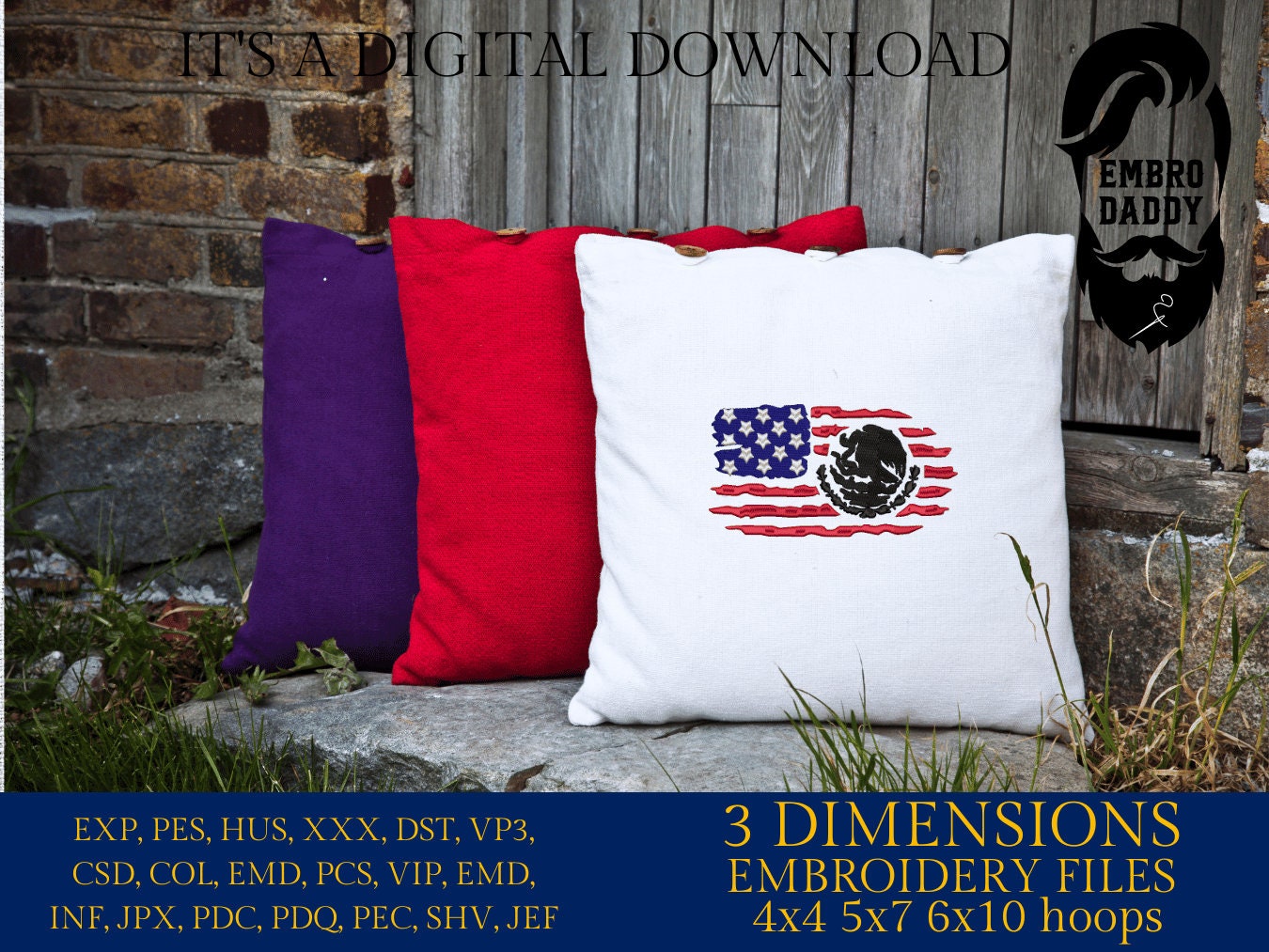 Machine Embroidery files, Usa Flag Mexico, American Mexico Flag Merged PES, DST, xxx, hus & more