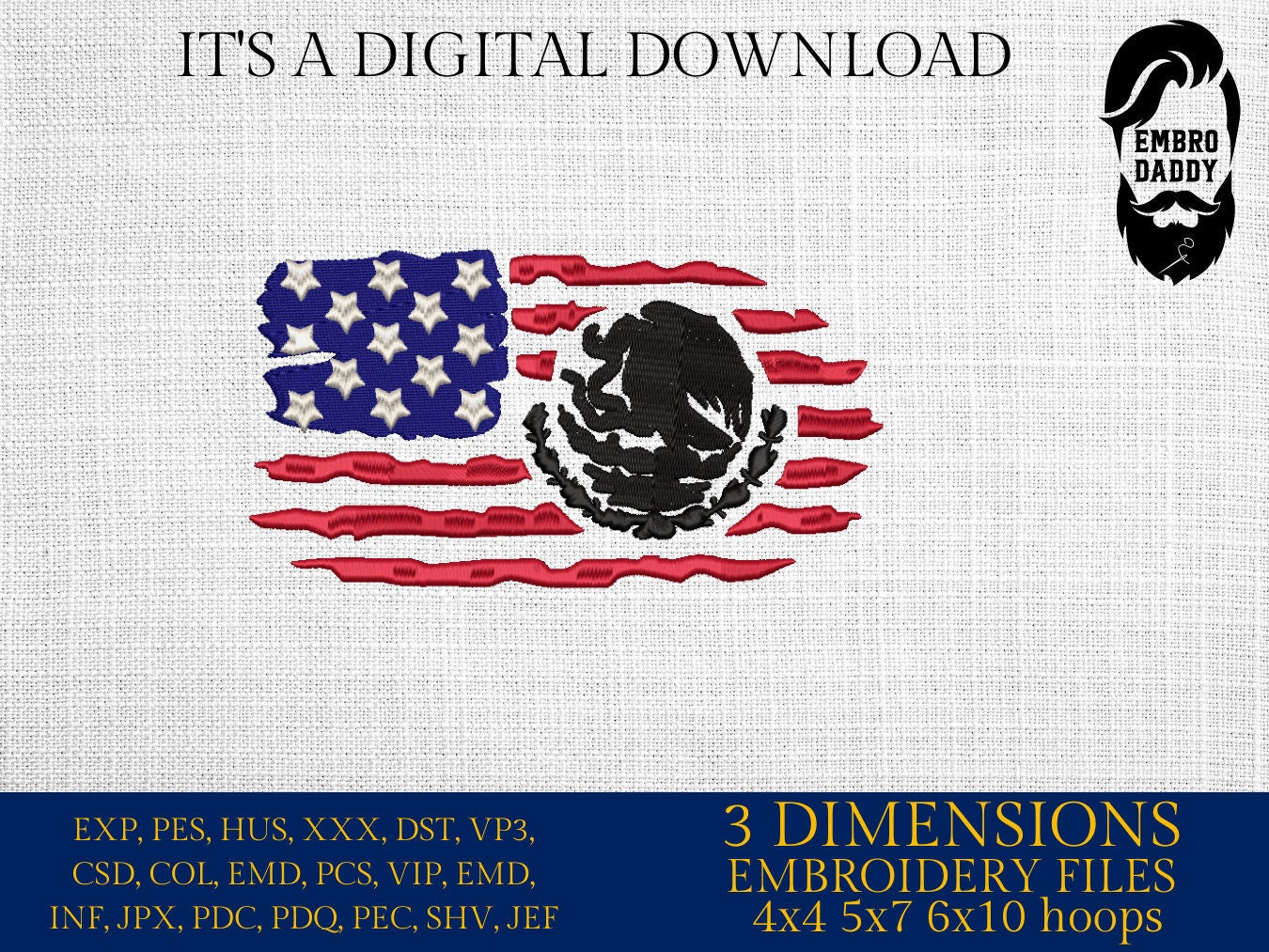 Machine Embroidery files, Usa Flag Mexico, American Mexico Flag Merged PES, DST, xxx, hus & more