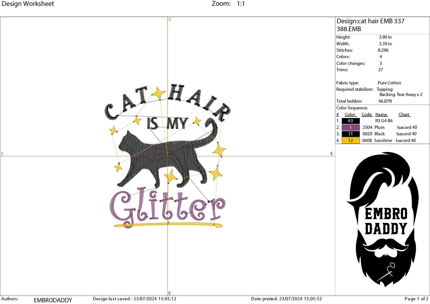 Machine Embroidery files, Cat hair is my glitter, PES, DST, xxx, hus and more