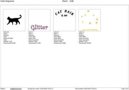 Machine Embroidery files, Cat hair is my glitter, PES, DST, xxx, hus and more